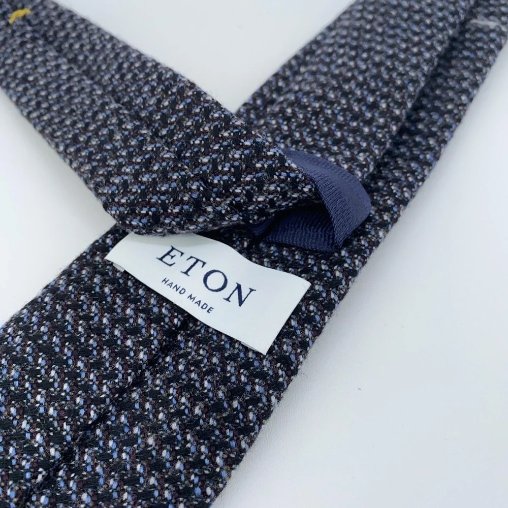 Eton Tie Mens Blue Gray Textured 100% Wool Handmade Necktie Made Italy